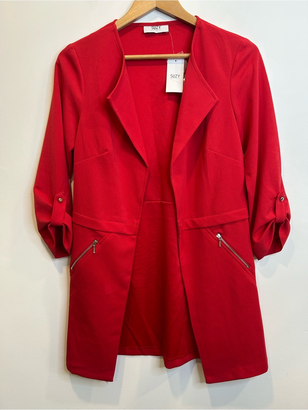 Suzy Shirt red open-front blazer or duster jacket roll tab sleeves